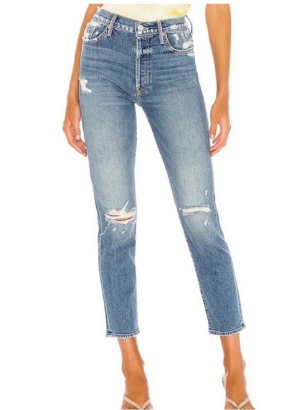 MOTHER Cropped High-Rise Distressed Jeans in Light Blue